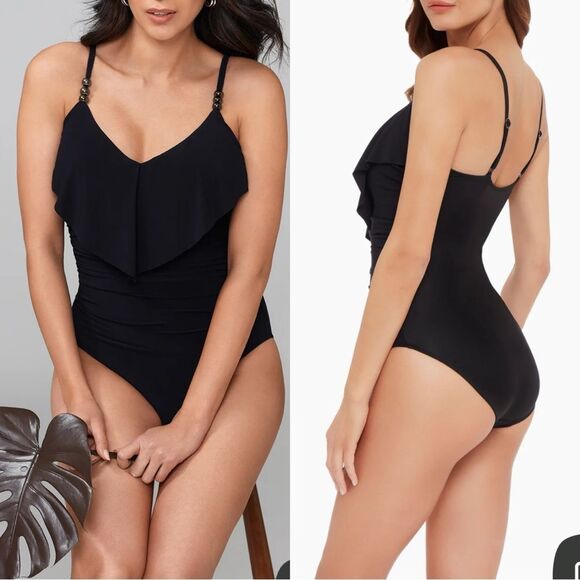 Nwt MagicSuit Isabel One Piece Black Ruffle Beaded Ruched Swimsuit - Picture 1 of 9
